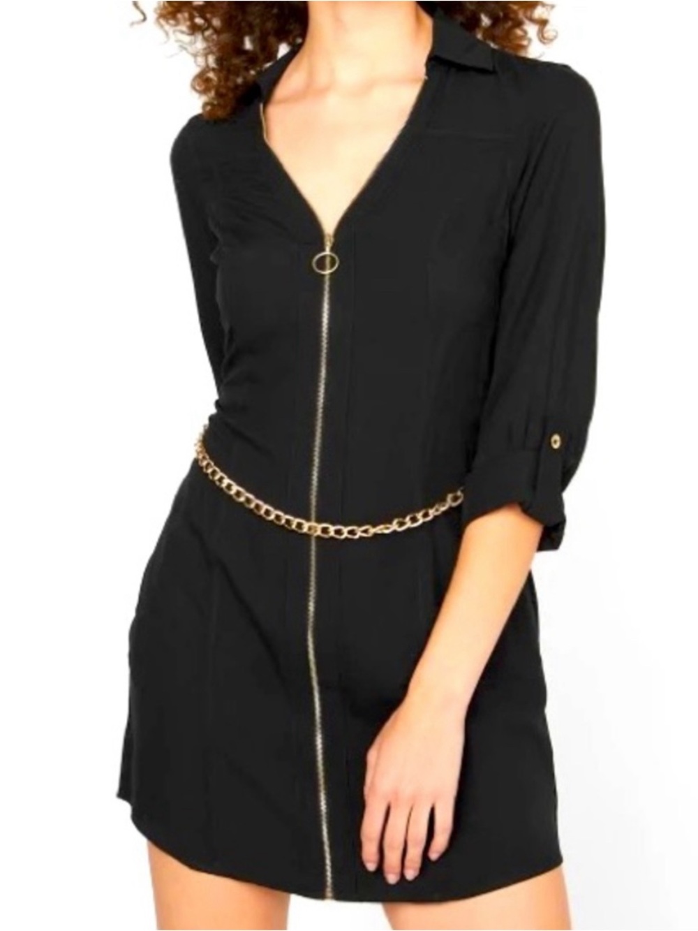Guess Black Mini Shirt Dress with Gold Chain Belt